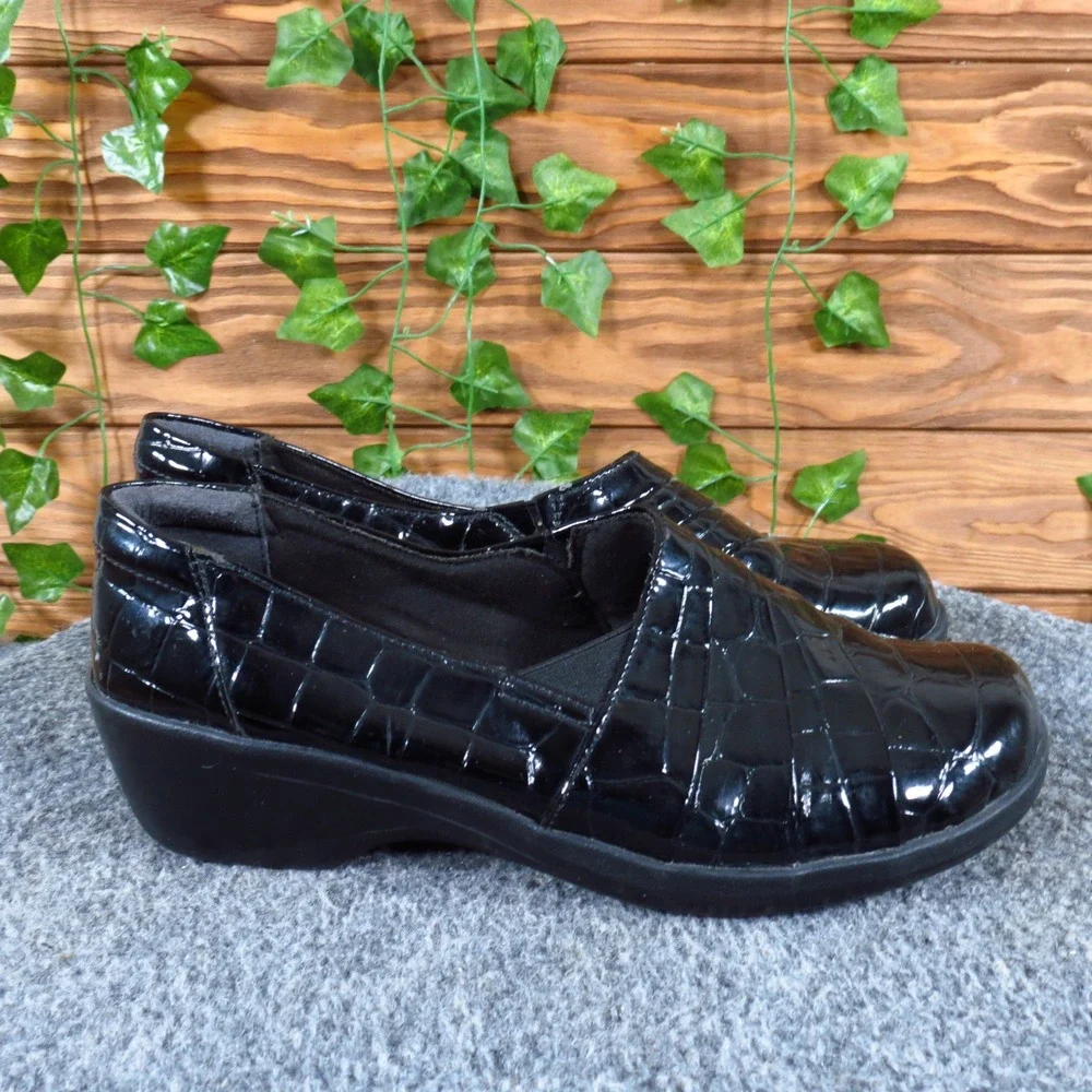 Clarks May Marigold Womens Loafer 6.5M Work Office Black Croc Patent Wedge Shoe